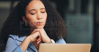 Buy stock photo Thinking, business woman or laptop with research in office for news headline, story angle or ideas. Space, journalist or tech with inspiration for publication, proofreading article or planning column
