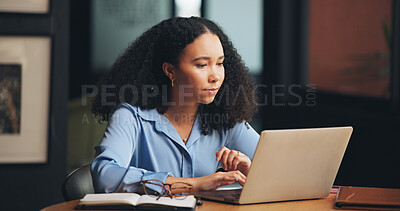 Buy stock photo Laptop, research and businesswoman in office at night for creative project with deadline. Technology, email and female magazine editor with computer for online article with publishing in workplace.
