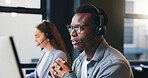 Talking, call center and businessman in office on computer for online advice, help and customer support. Professional, coworking and person with headset for virtual consulting, contact or crm service