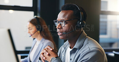 Buy stock photo Talking, call center and businessman in office on computer for online advice, help and customer support. Professional, coworking and person with headset for virtual consulting, contact or crm service