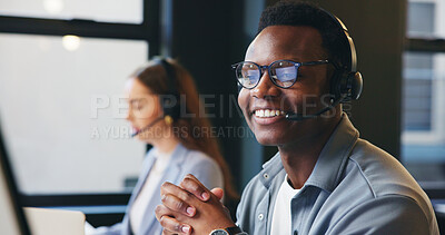 Buy stock photo Happy, call center and business man in office with smile for online advice, help and customer support. Professional, coworking and person with headset for virtual consulting, contact and crm service
