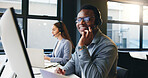 Computer, call center and business man in office smile for online advice, help and customer support. Professional, coworking and person with headset for virtual consulting, contact and crm service