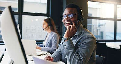 Buy stock photo Computer, call center and business man in office smile for online advice, help and customer support. Professional, coworking and person with headset for virtual consulting, contact and crm service