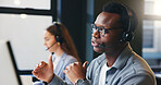 Headset, call center and business man in office for online advice, help and customer support. Professional, coworking and person talking on computer for virtual consulting, contact and crm service
