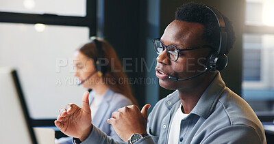 Buy stock photo Headset, call center and business man in office for online advice, help and customer support. Professional, coworking and person talking on computer for virtual consulting, contact and crm service