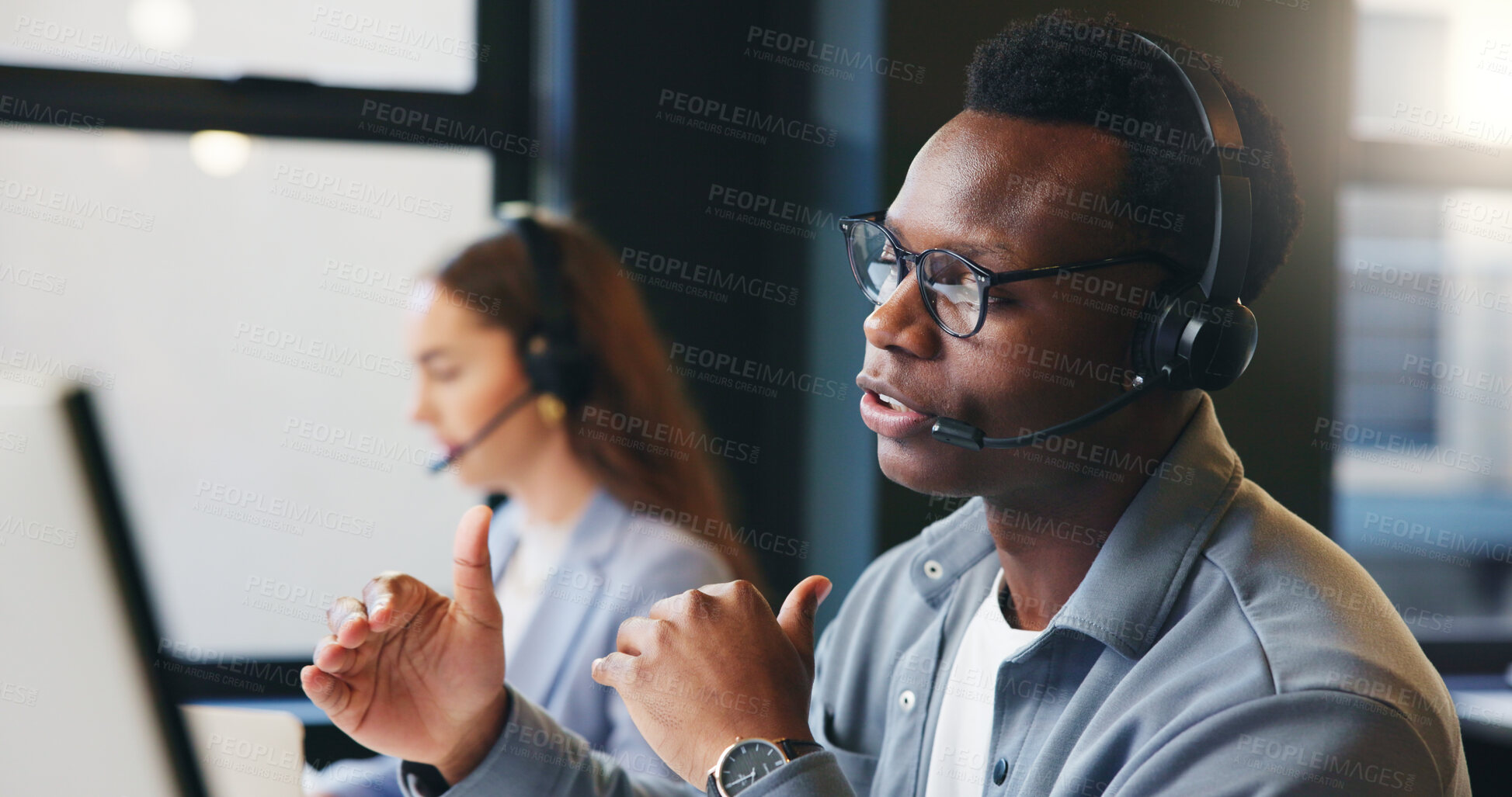 Buy stock photo Headset, call center and business man in office for online advice, help and customer support. Professional, coworking and person talking on computer for virtual consulting, contact and crm service