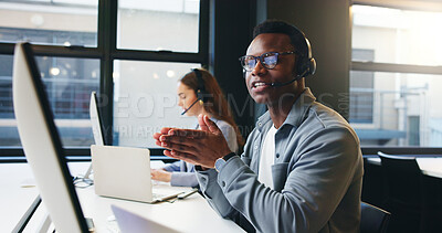 Buy stock photo Computer, call center and man in office talking for online advice, help and customer support. Professional, coworking and business person with headset for virtual consulting, contact and crm service