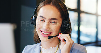 Buy stock photo Smile, call center agent and woman with headset for sales, insurance premium and claims. Telemarketing, outbound and happy consultant talking to customer for benefits, lead generation and telesales