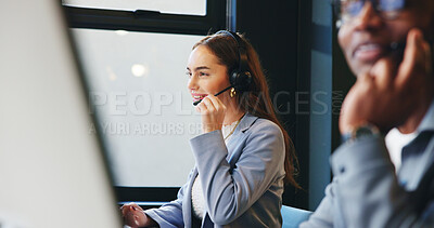 Buy stock photo Happy, call center and business woman in office for online advice, help or customer support. Professional, coworking and person with headset for virtual consulting, contact or crm service on computer