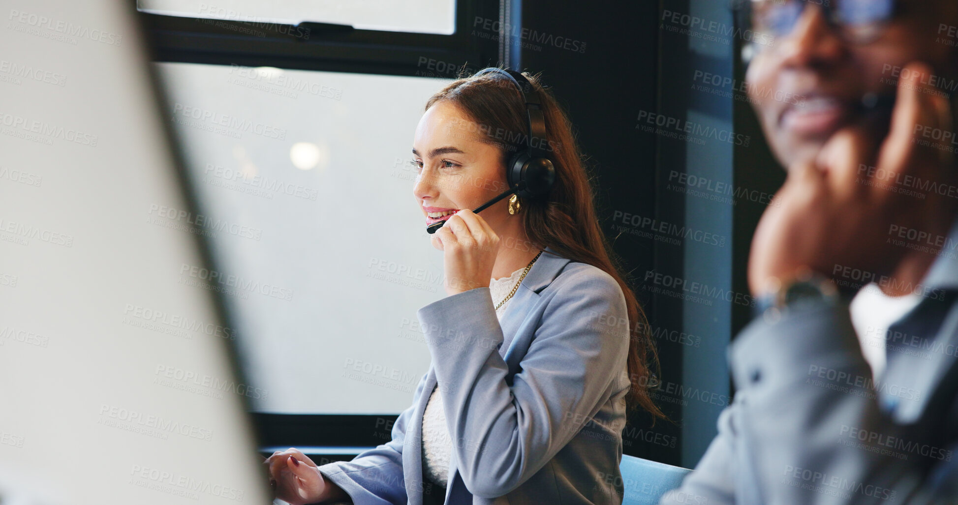 Buy stock photo Happy, call center and business woman in office for online advice, help or customer support. Professional, coworking and person with headset for virtual consulting, contact or crm service on computer