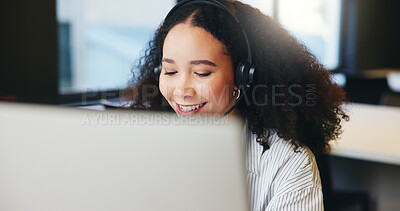 Buy stock photo Smile, call center agent and woman with computer for sales, insurance premium and claims. Telemarketing, outbound and happy consultant talking to customer for benefits, lead generation and telesales