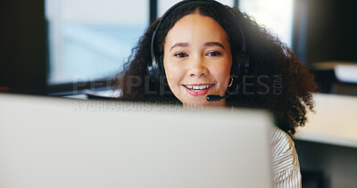 Buy stock photo Smile, call center agent and woman on computer for multilingual support, help and crm. Contact us, tech and happy African consultant talk for language translation, interpretation or customer service