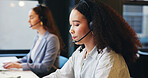 Coworking, call center agent and woman listening for multilingual support, help and crm. Contact us, headset or consultant talk for language translation, interpretation or advice for customer service