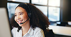 Customer service, call center consultant and happy woman on computer for multilingual support. Contact us, headset and African agent talk for language translation, communication and help with crm