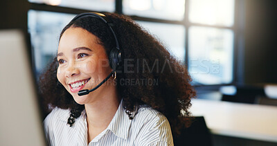 Buy stock photo Customer service, call center consultant and happy woman on computer for multilingual support. Contact us, headset and African agent talk for language translation, communication and help with crm