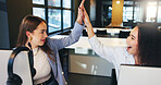 Team, women and high five in call center, excited or celebration for win, success or lead generation. Agent, people and target achievement for colleagues, winner and happy for sales or telemarketing