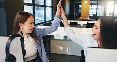 Buy stock photo Team, women and high five in call center, excited or celebration for win, success or lead generation. Agent, people and target achievement for colleagues, winner and happy for sales or telemarketing