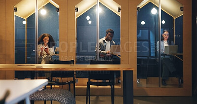 Buy stock photo Booth, business and people in office with laptop for online project, productivity and research. Creative workers, professional and men and women on computer for privacy, coworking space and cubicle