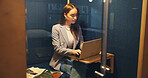 Booth, business and woman in office with laptop for online project, productivity and proposal. Creative, professional and worker on computer for privacy, coworking space and cubicle for research