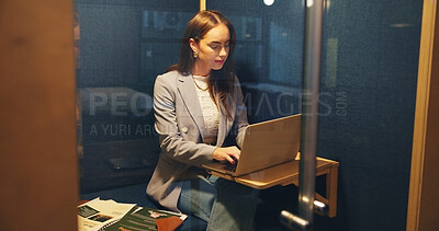 Buy stock photo Booth, business and woman in office with laptop for online project, productivity and proposal. Creative, professional and worker on computer for privacy, coworking space and cubicle for research