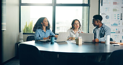 Buy stock photo Meeting, laptop and business people in office with planning for finance proposal with budget. Teamwork, computer and group of financial advisors in collaboration for investment report in workplace.