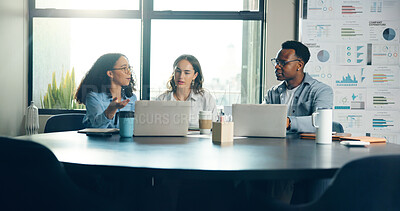 Buy stock photo Discussion, laptop and business people in office with planning for finance proposal with budget. Teamwork, computer and group of financial advisors in collaboration for investment report in workplace
