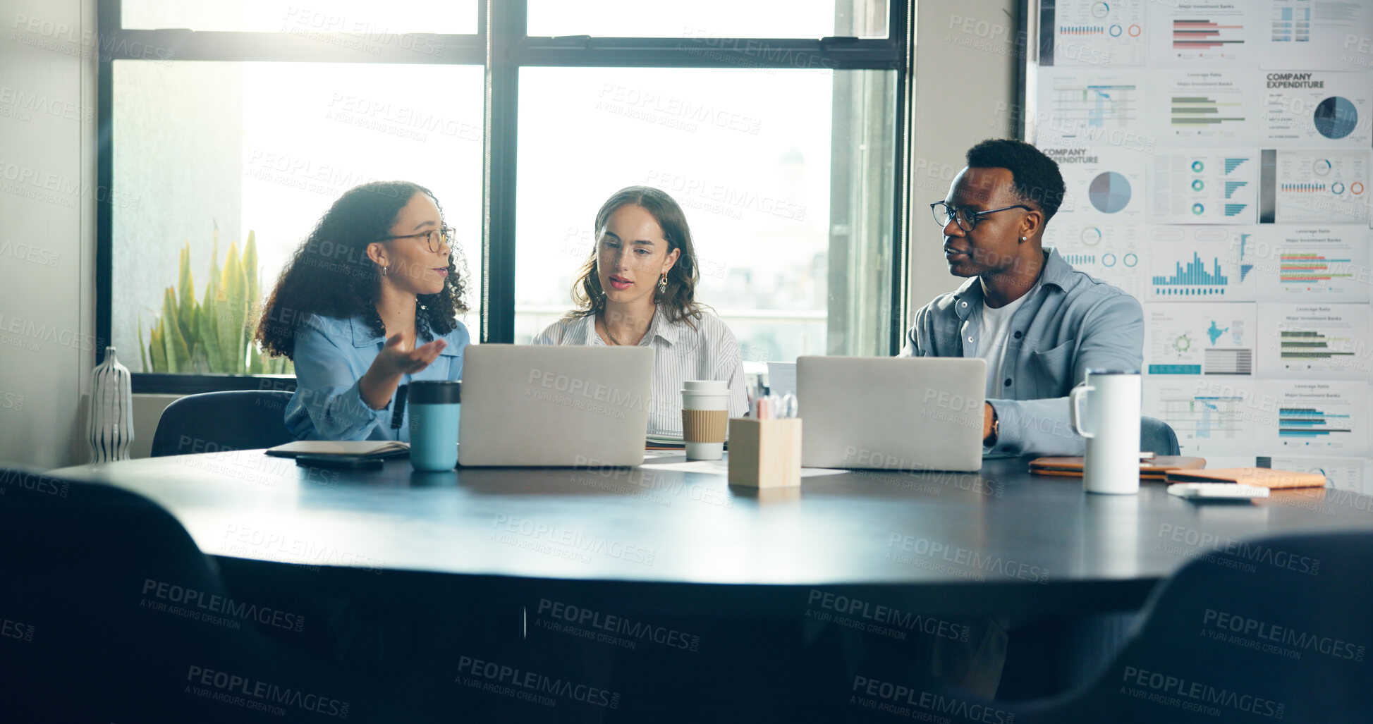 Buy stock photo Discussion, laptop and business people in office with planning for finance proposal with budget. Teamwork, computer and group of financial advisors in collaboration for investment report in workplace