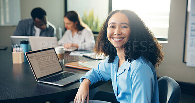 Buy stock photo Meeting, office and portrait of business woman with team for planning, feedback and collaboration. Publishing agency, startup and worker on laptop for online article, news story and editing website