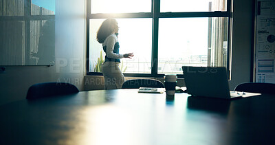 Buy stock photo Business woman, phone call and talk in boardroom by window with networking at finance company. Person, communication and contact with conversation for proposal, deal or investment in office at agency