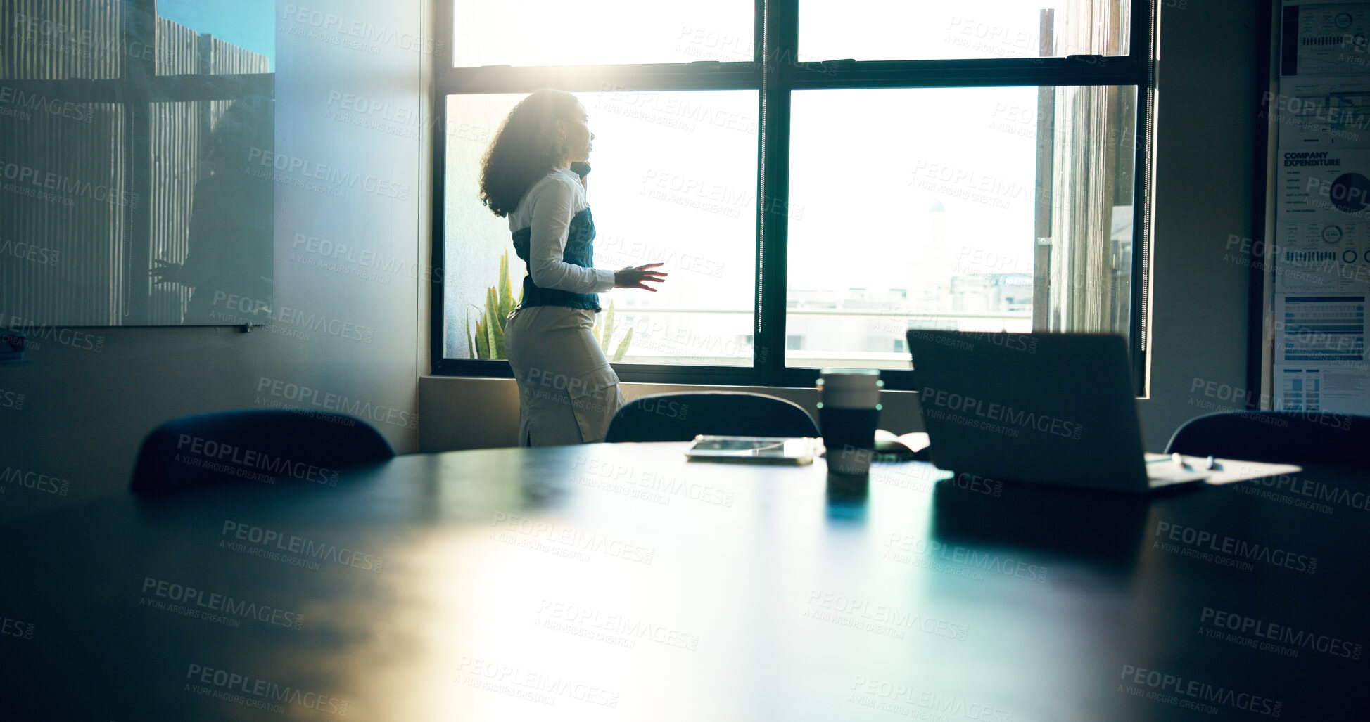 Buy stock photo Business woman, phone call and talk in boardroom by window with networking at finance company. Person, communication and contact with conversation for proposal, deal or investment in office at agency