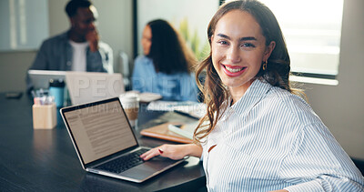 Buy stock photo Meeting, happy and portrait of business woman with team for planning, feedback and collaboration. Publishing agency, startup and worker on laptop for online article, news story and editing website