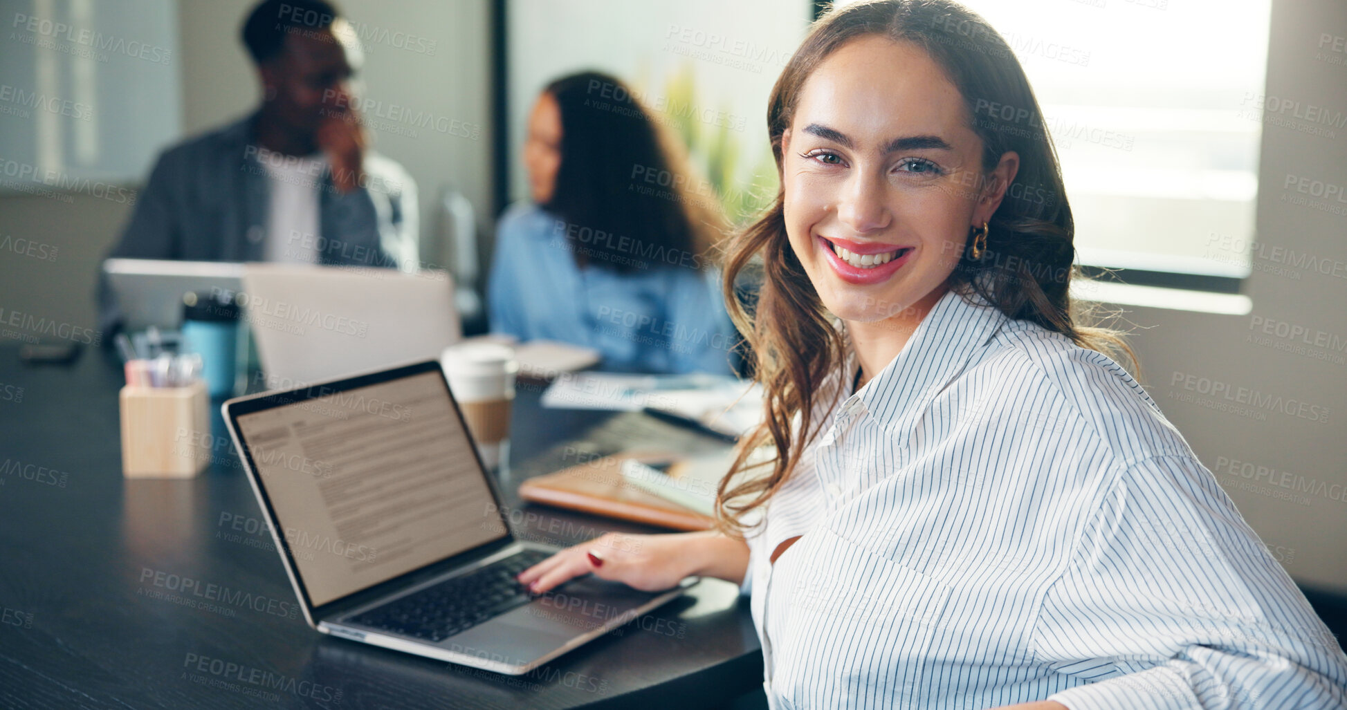 Buy stock photo Meeting, happy and portrait of business woman with team for planning, feedback and collaboration. Publishing agency, startup and worker on laptop for online article, news story and editing website