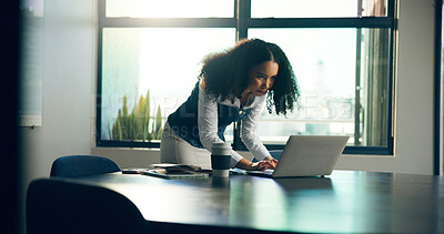 Buy stock photo Laptop, research and businesswoman in office for planning finance report with company budget. Technology, reading and female financial manager with computer for investment proposal in workplace.