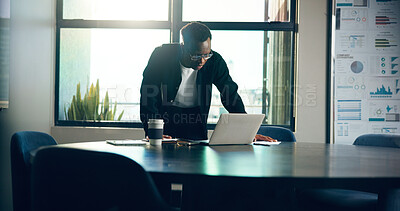 Buy stock photo Laptop, research and black man in office for planning finance report with company budget. Technology, reading and African male financial manager with computer for investment proposal in workplace.