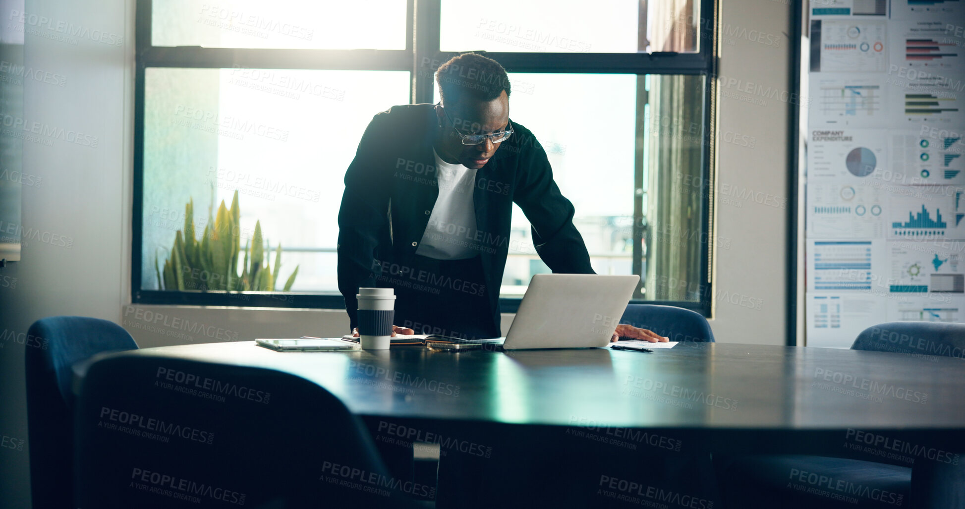 Buy stock photo Laptop, research and black man in office for planning finance report with company budget. Technology, reading and African male financial manager with computer for investment proposal in workplace.