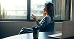 Phone call, window and businesswoman in office with networking, contact or communication for finance. Cellphone, professional and female financial director on mobile discussion for deal in workplace.