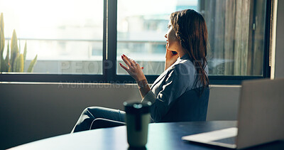Buy stock photo Phone call, window and businesswoman in office with networking, contact or communication for finance. Cellphone, professional and female financial director on mobile discussion for deal in workplace.