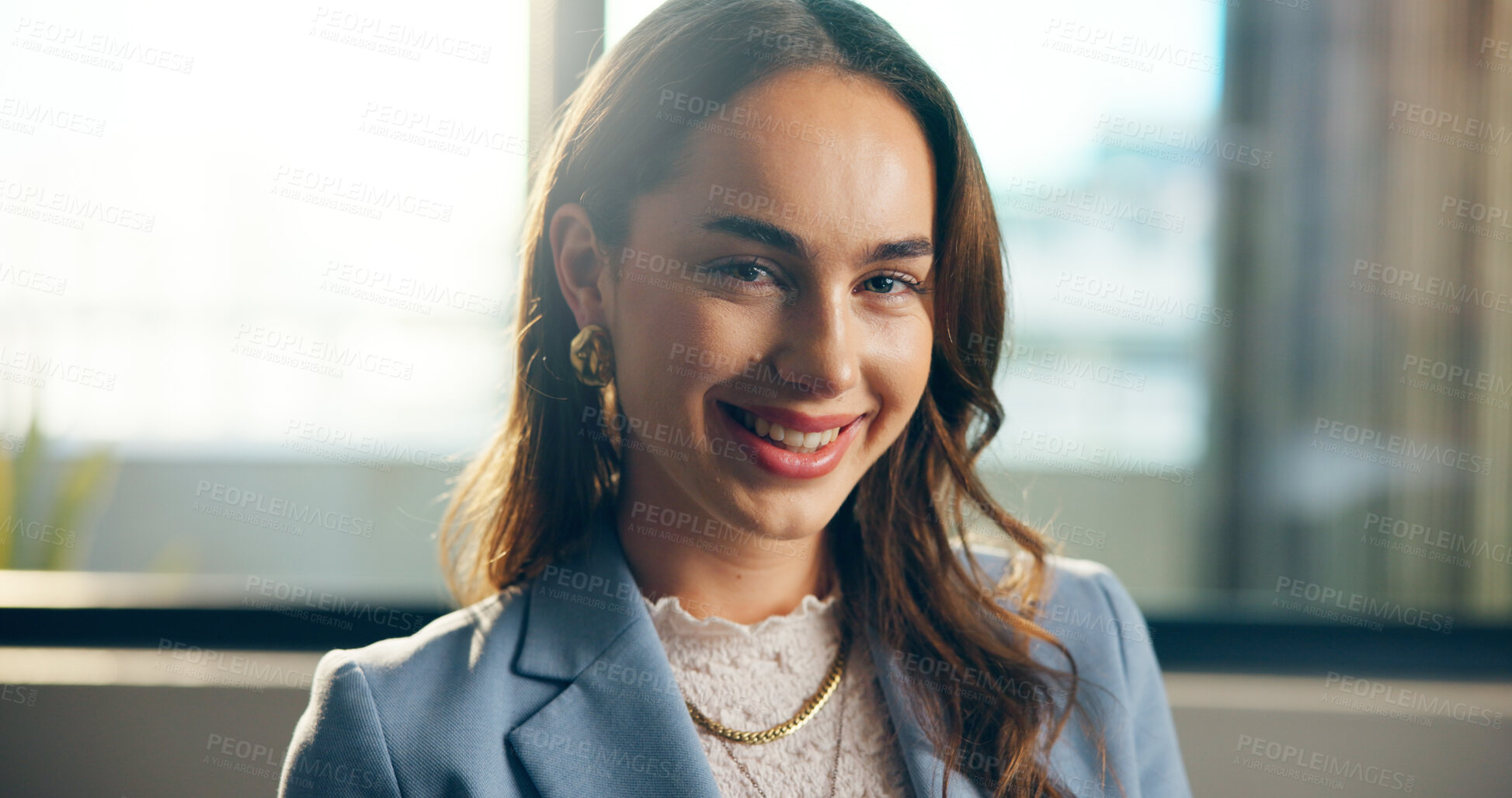 Buy stock photo Business woman, portrait and smile in office for accounting career, company pride or about us. Accountant, person or happy at financial firm for payroll management, finance reporting and confidence