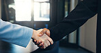 Business, people and shaking hands with deal in office for partnership offer, agreement or b2b. Corporate negotiation, stakeholders or handshake at workplace for company merger or onboarding contract