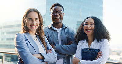 Buy stock photo Balcony, team and portrait of business people with crossed arms for about us, collaboration and partnership. Corporate, professional and workers with confidence for career, company and pride outdoor