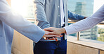 Hands together, team and meeting with business people in city for real estate deal, support and contract. Property developer, partnership and collaboration with employees on balcony for mission