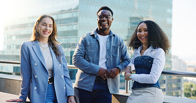 Buy stock photo Balcony, team and portrait of business people in city for about us, collaboration and partnership. Creative startup, professional and man with women with confidence for career, company and pride