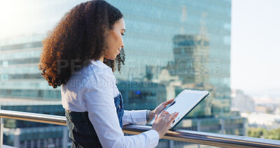 Buy stock photo Business woman, tablet and scroll in city with analysis, review or research for economic report. Touchscreen, technology and female economist on balcony, digital study or survey for fiscal policy