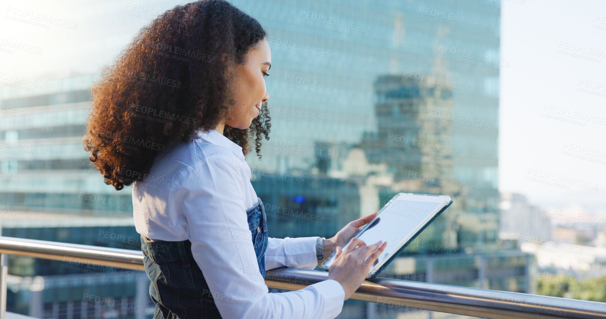 Buy stock photo Business woman, tablet and scroll in city with analysis, review or research for economic report. Touchscreen, technology and female economist on balcony, digital study or survey for fiscal policy