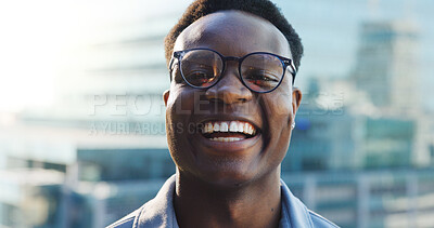 Buy stock photo Laugh, outdoor and portrait of black man in city with confidence for corporate finance career. Glasses, professional and face of African male financial advisor from Colombia with pride in urban town.