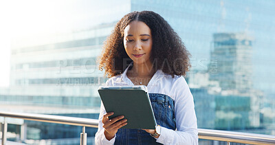 Buy stock photo Business woman, tablet and reading outdoor with analysis, review or research for economic report in city. Technology, female economist on balcony and digital information with survey for fiscal policy