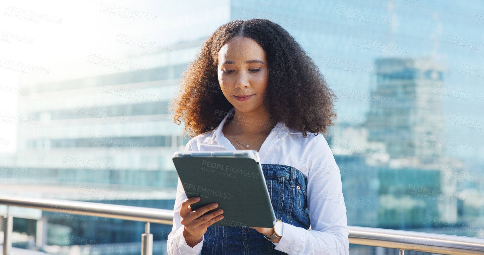 Buy stock photo Business woman, tablet and reading outdoor with analysis, review or research for economic report in city. Technology, female economist on balcony and digital information with survey for fiscal policy