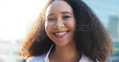Buy stock photo Happy, outdoor and portrait of businesswoman in city with confidence for corporate finance career. Smile, professional and face of female financial advisor from Colombia with pride in urban town.