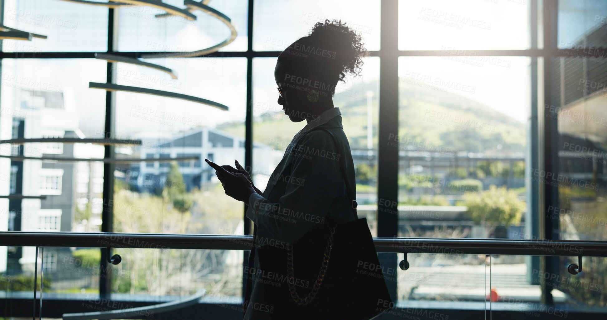 Buy stock photo Office, lobby and business woman with phone for online schedule, travel and info for work trip. Professional, conference and person on smartphone for website update, research and agenda on app