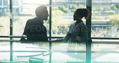 Buy stock photo Handshake, meeting and business people in office for teamwork, consulting and b2b networking. Corporate, professional and workers shaking hands for collaboration, partnership and greeting in lobby